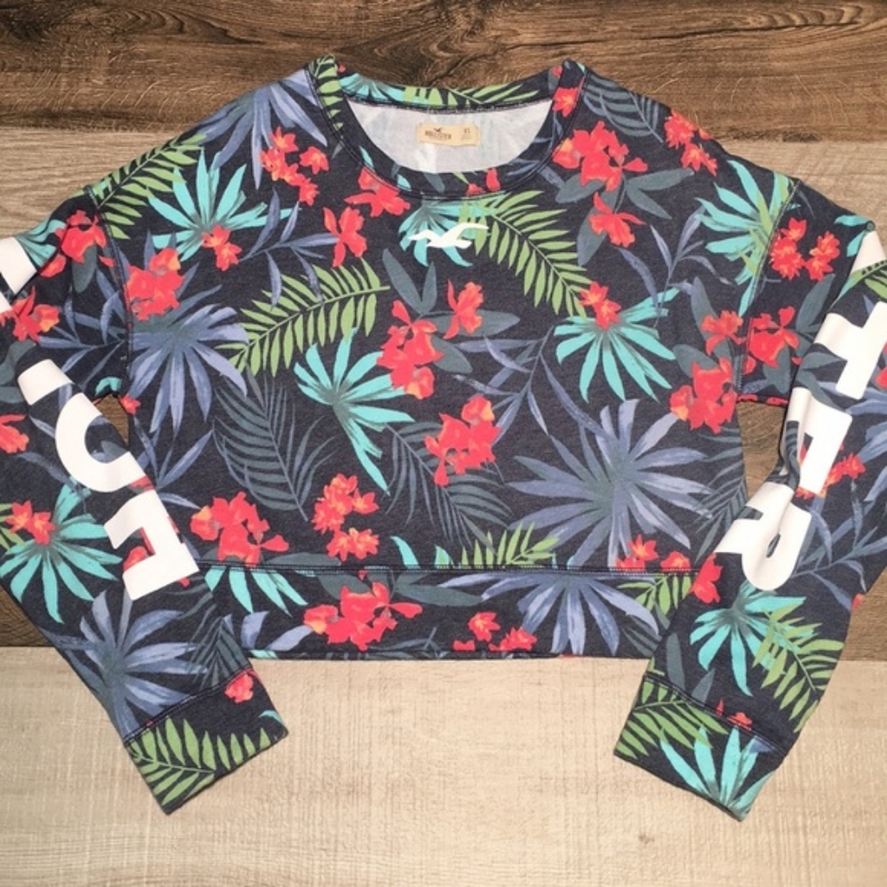 Hollister - Tropical Cropped Crewneck Pullover Sweatshirt | Size XS: Blue & Pink